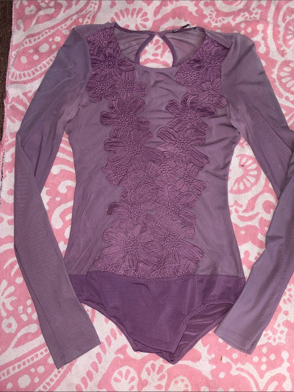 Haute Monde Purple Long-Sleeve Lace-Front Bodysuit